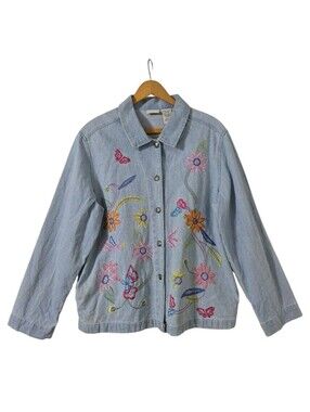 VTG White Stag Embroidered Floral Denim Jacket Sz L Y2K Butterfly Phoebe Buffay